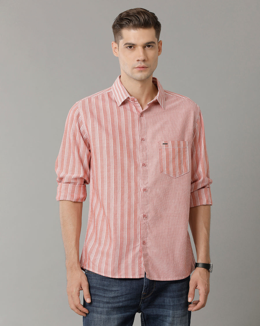 Voi Jeans Mens Red With White Stripe Slim Fit Shirt