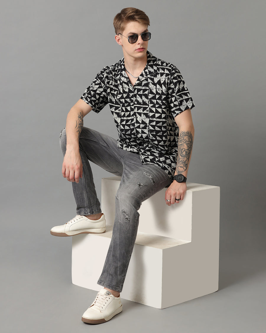 Black White AOP Slim Fit Shirt