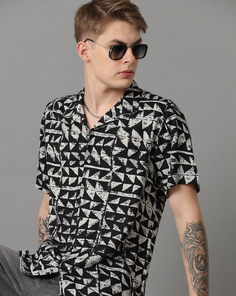 Black White AOP Slim Fit Shirt