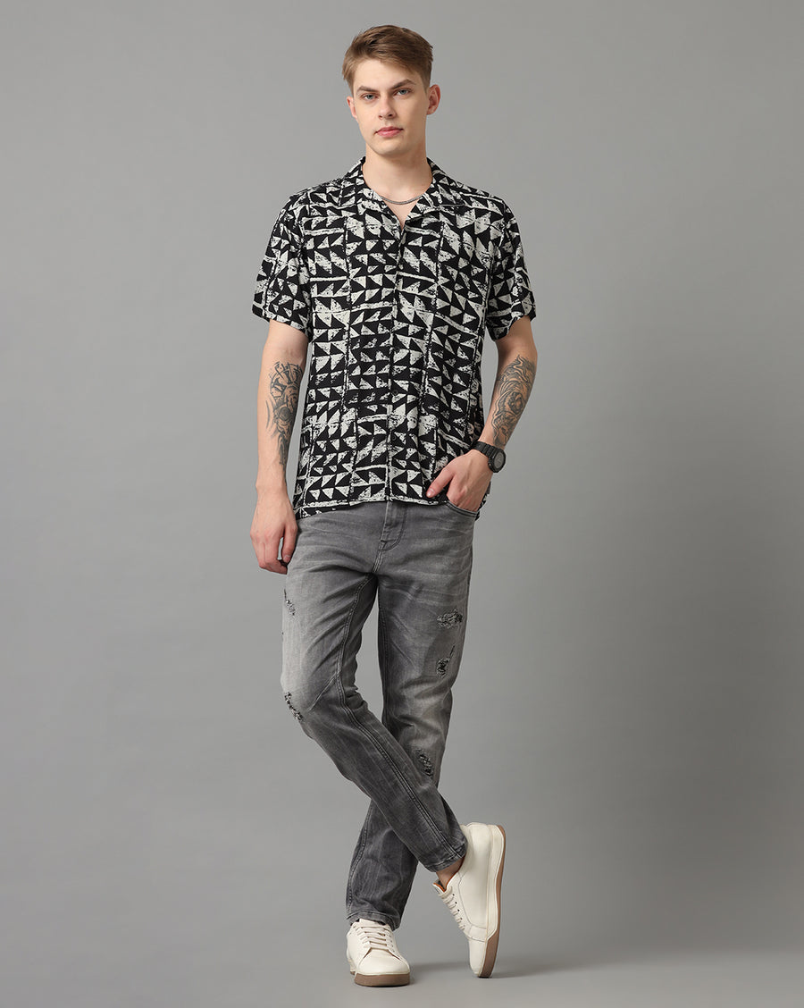 Black White AOP Slim Fit Shirt