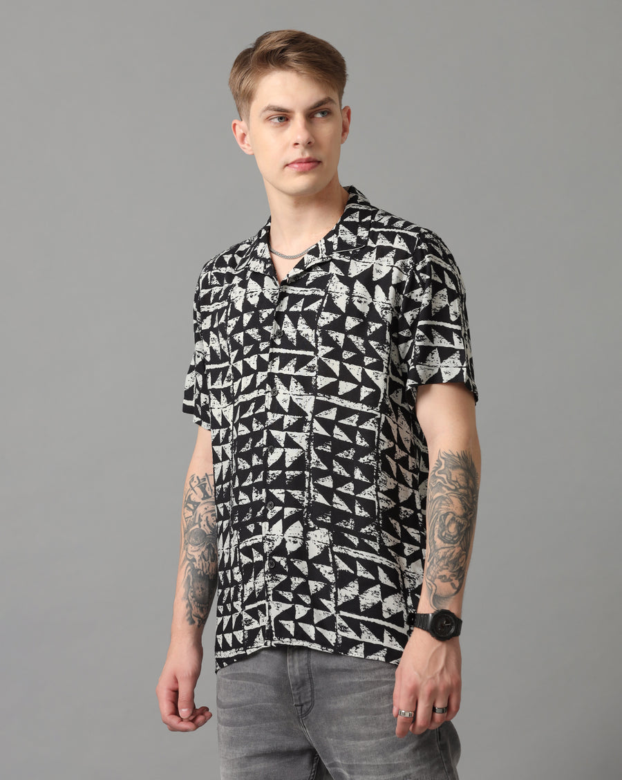 Black White AOP Slim Fit Shirt