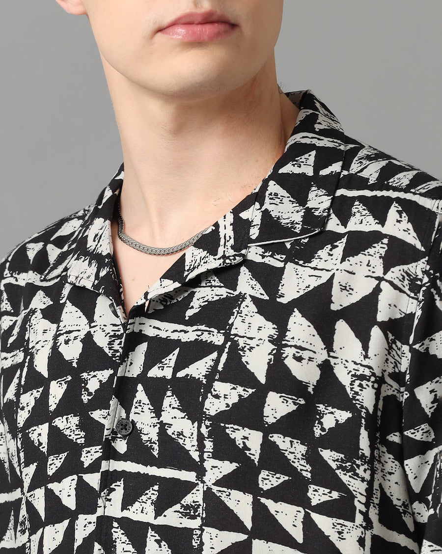 Black White AOP Slim Fit Shirt