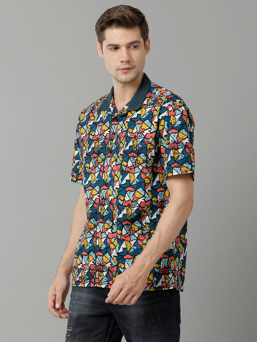 Nightwear - Abstract Printed Cutaway Collar Short Sleeves Cotton Casual Shirt