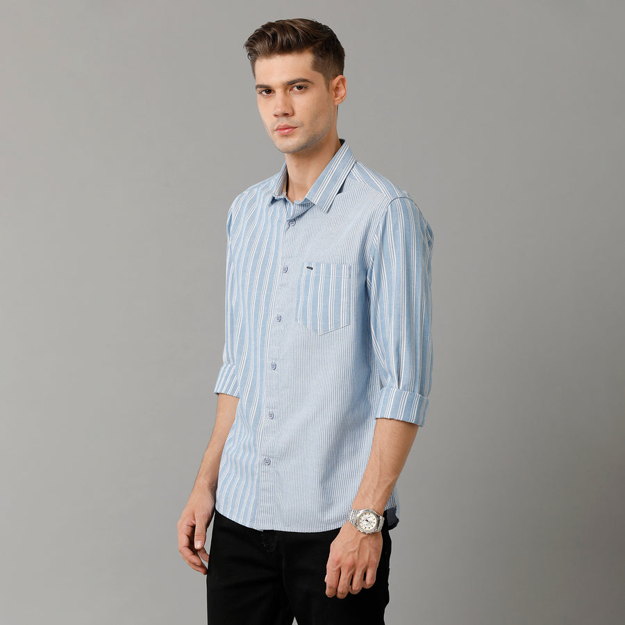 Voi Jeans Mens Blue White Stripes Slim Fit Shirt