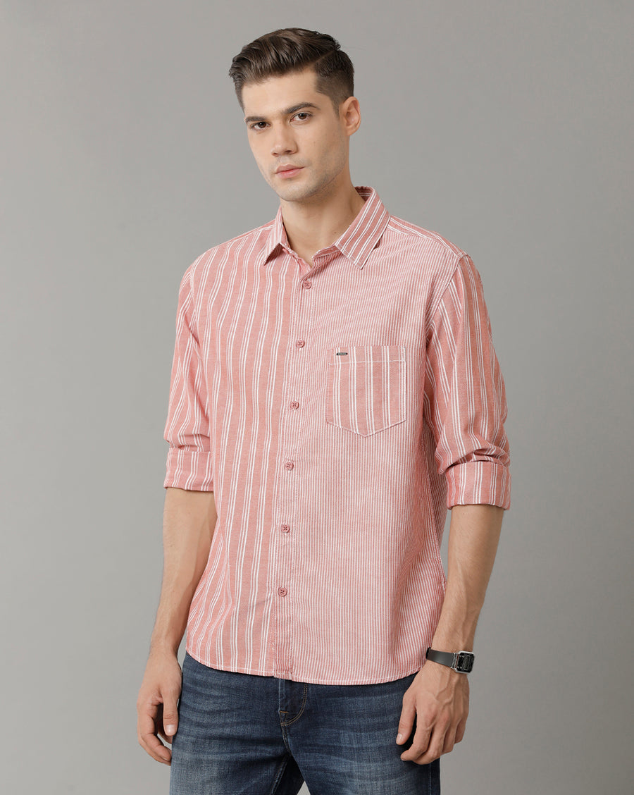 Voi Jeans Mens Red With White Stripe Slim Fit Shirt