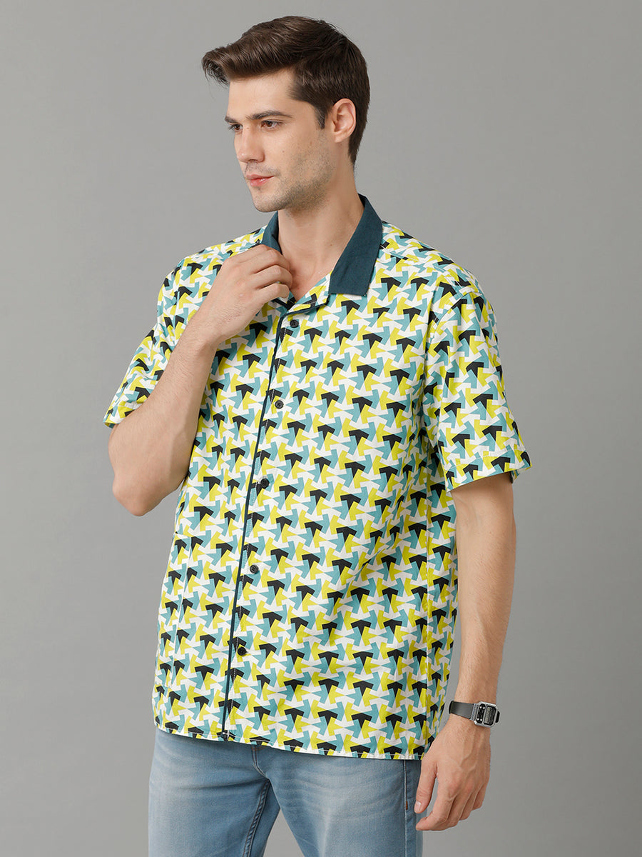 Nightwear - Geometric Printed Cutaway Collar Short Sleeves Cotton Casual Shirt