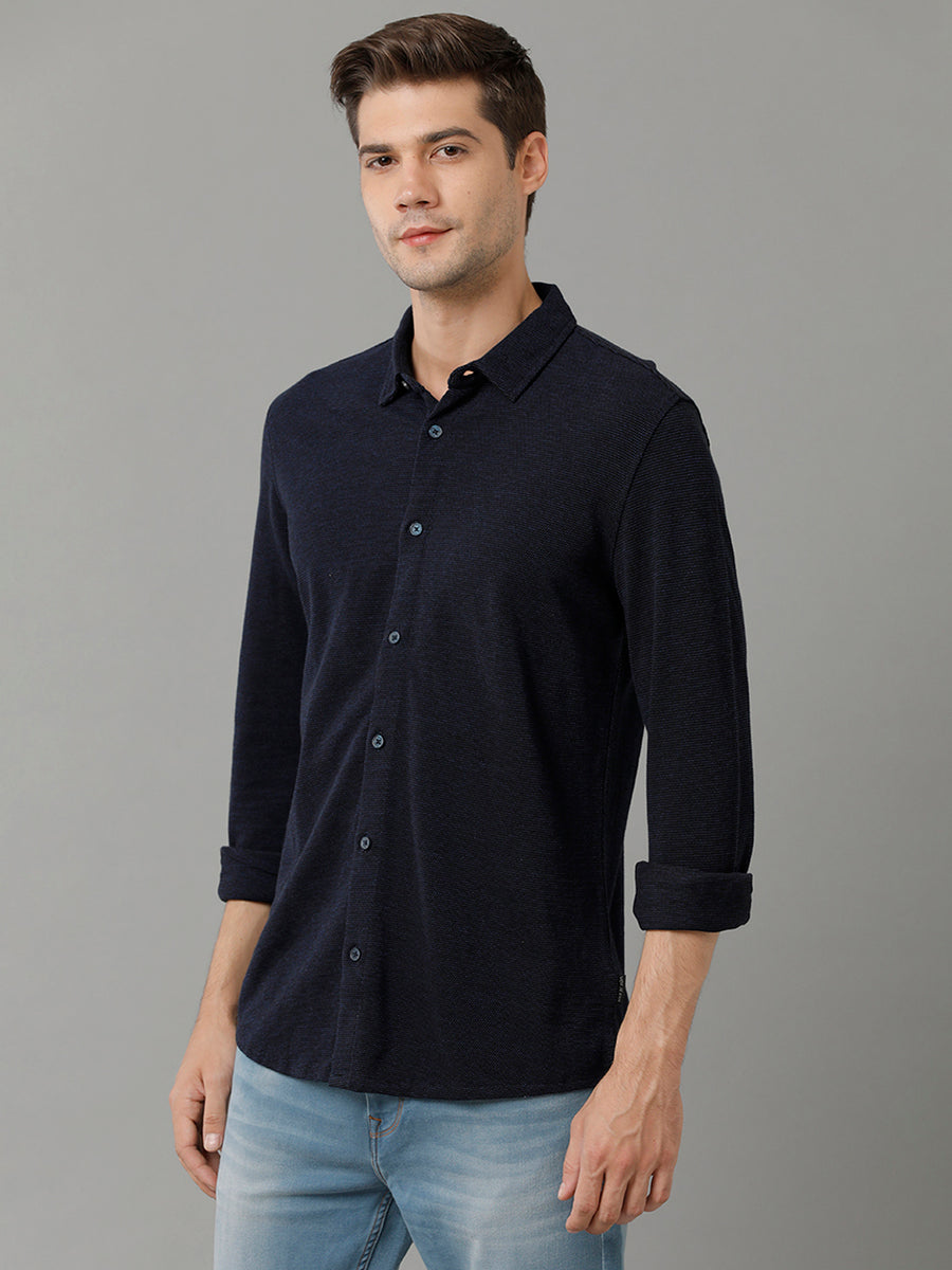 Voi Jeans Mens Men Navy Blue Slim Fit Opaque Casual Knit Shirt