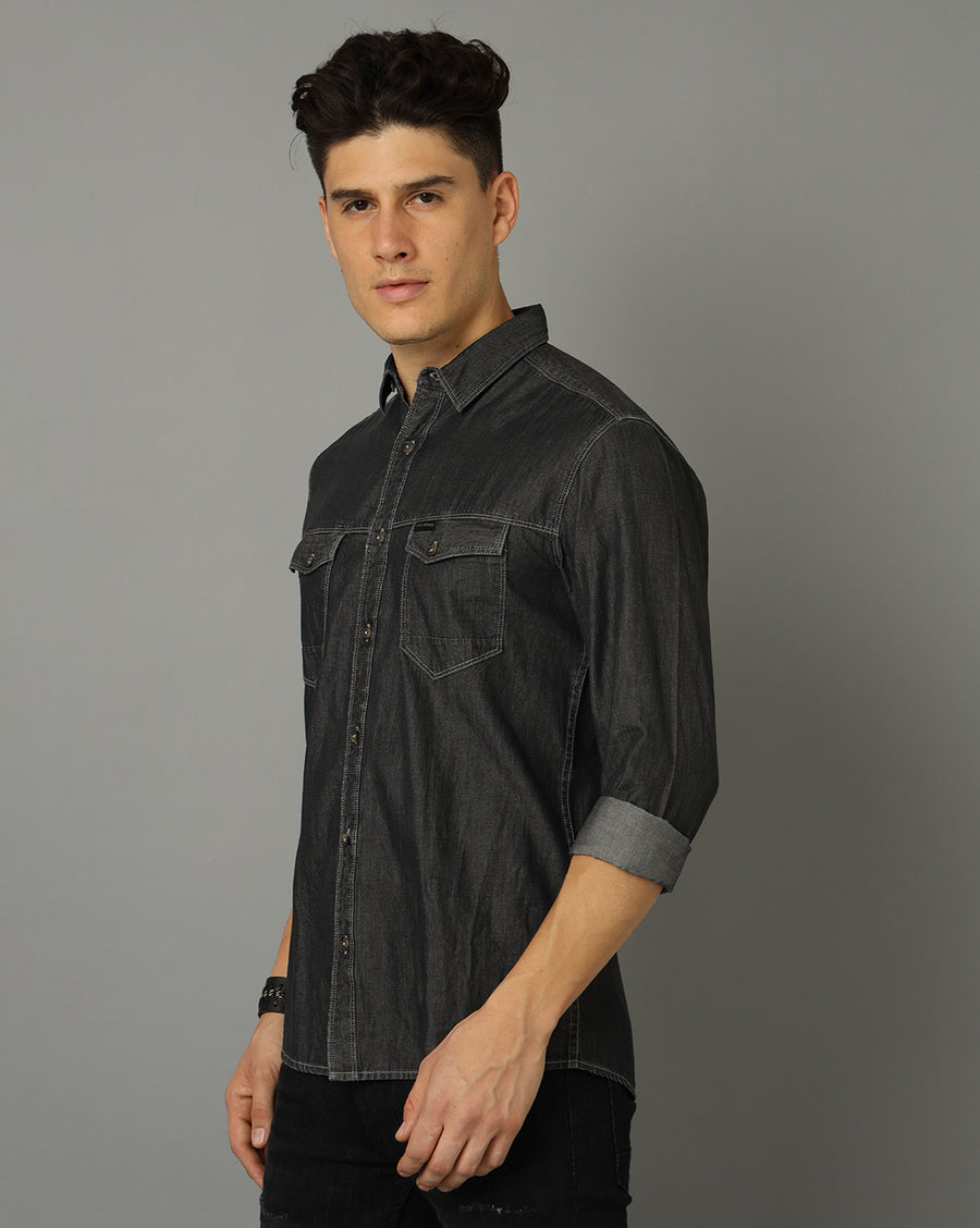 Men Solid Slim Fit Casual Denim Shirt