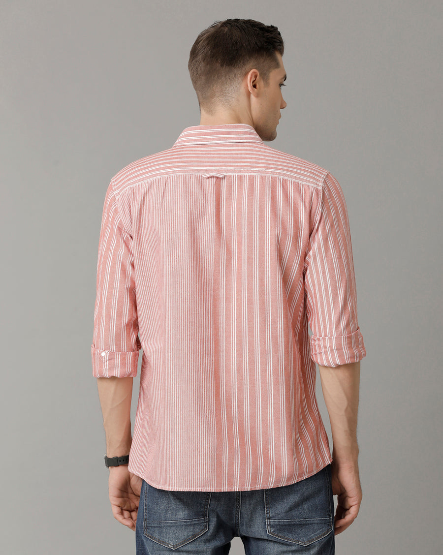 Voi Jeans Mens Red With White Stripe Slim Fit Shirt