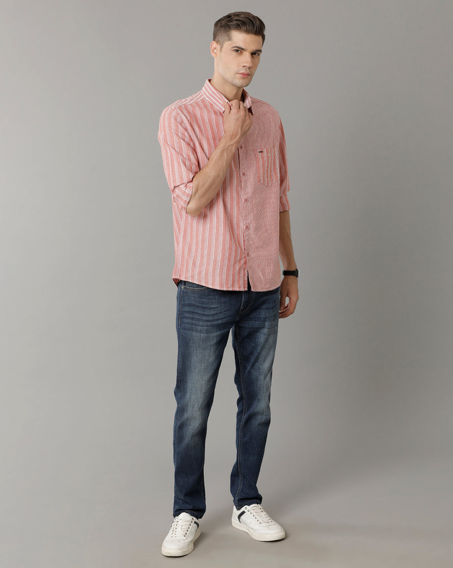 Voi Jeans Mens Red With White Stripe Slim Fit Shirt