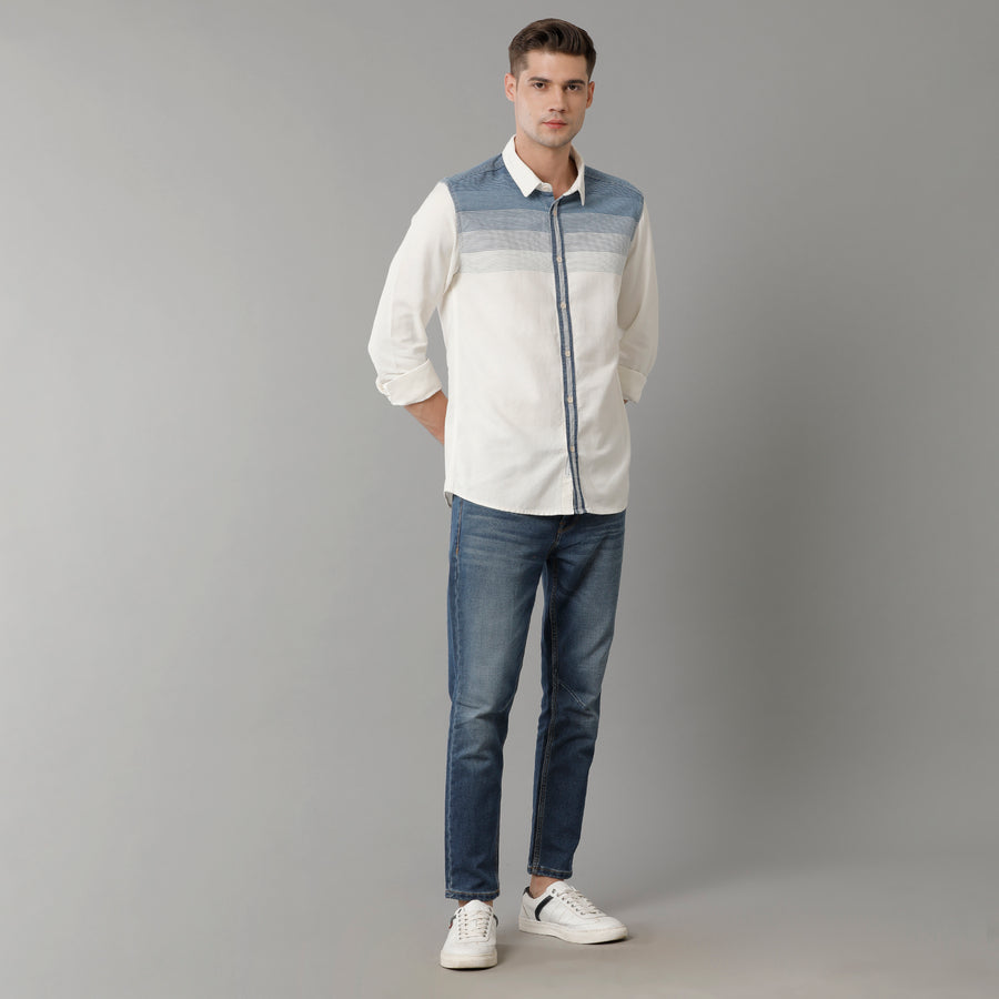 Voi Jeans Mens Indigo White Stripe Slim Fit Shirt