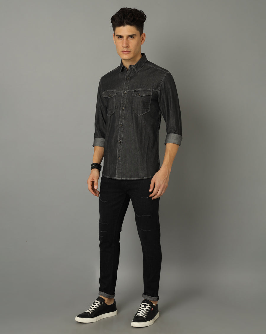 Men Solid Slim Fit Casual Denim Shirt