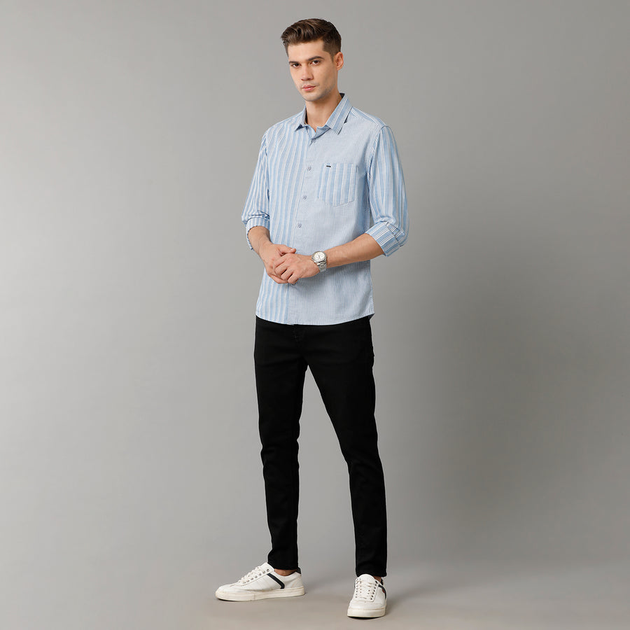 Voi Jeans Mens Blue White Stripes Slim Fit Shirt