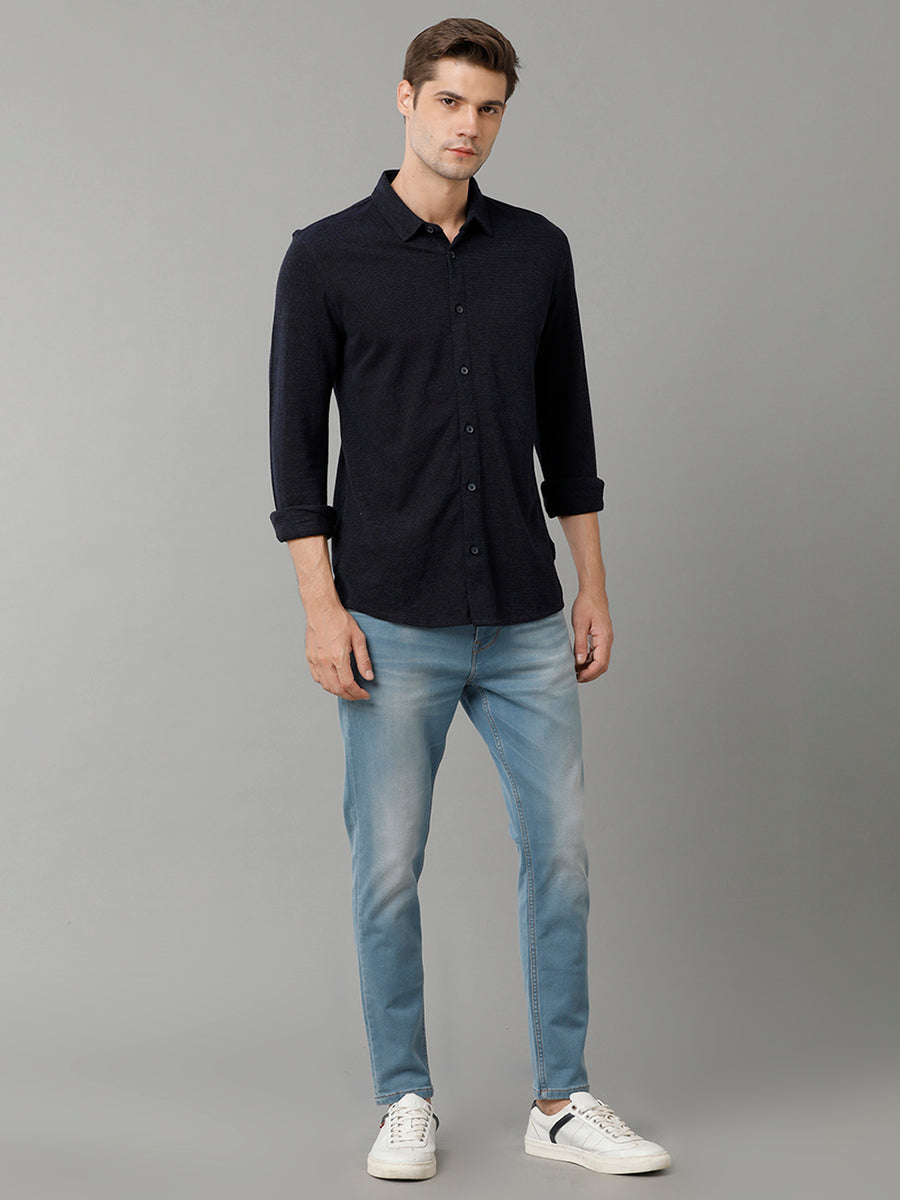 Voi Jeans Mens Men Navy Blue Slim Fit Opaque Casual Knit Shirt