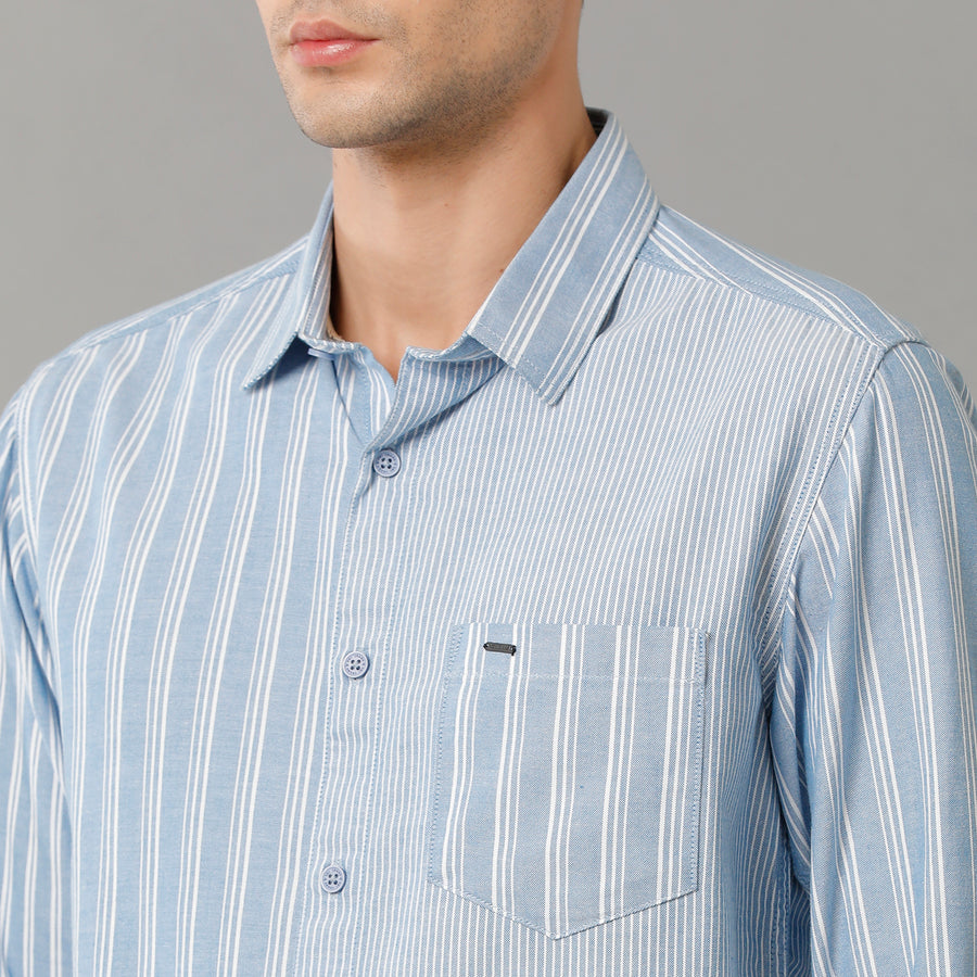 Voi Jeans Mens Blue White Stripes Slim Fit Shirt