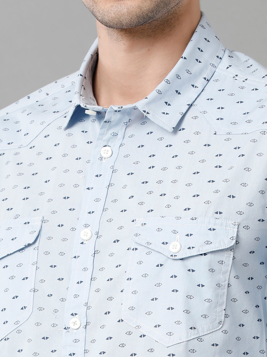 Micro Ditsy Printed Spread Collar Long Sleeves Cotton Casual Shirt