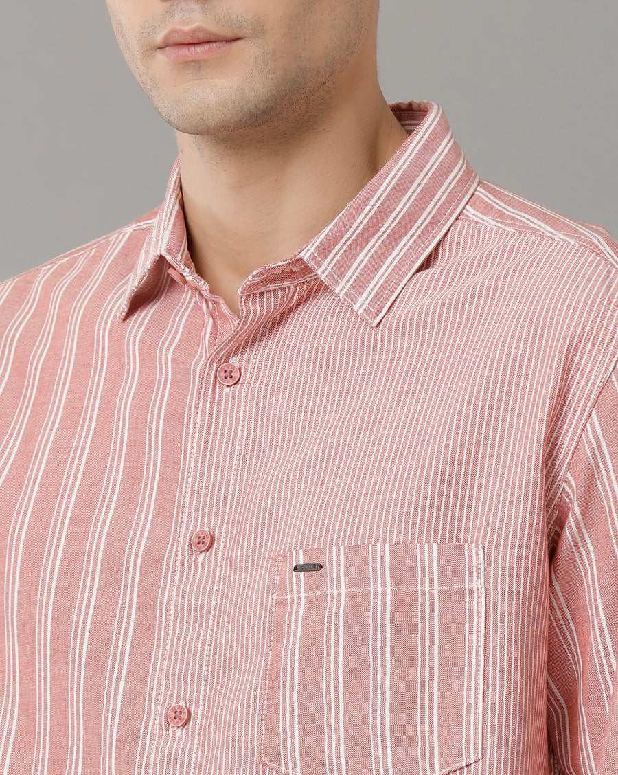 Voi Jeans Mens Red With White Stripe Slim Fit Shirt