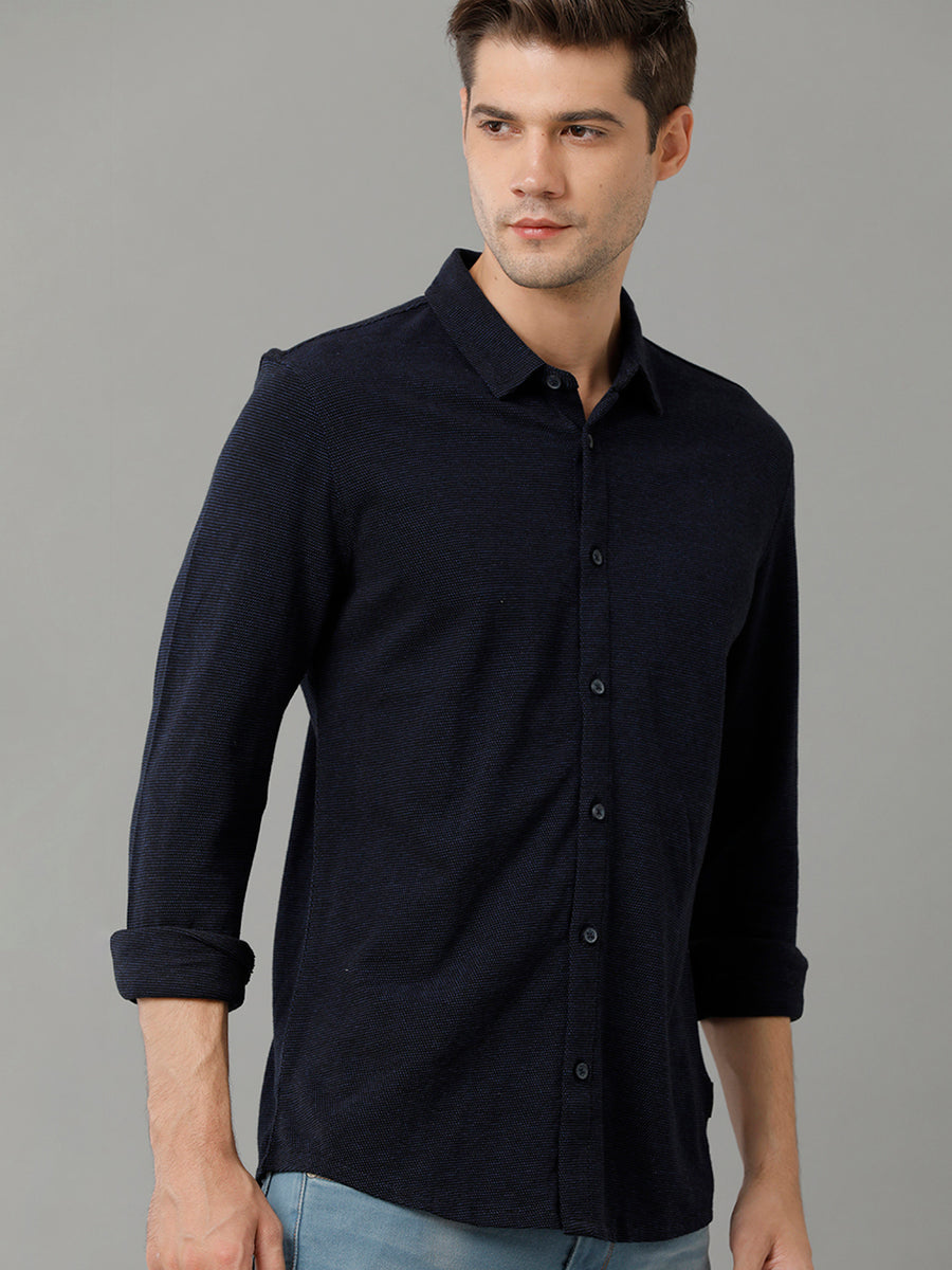 Voi Jeans Mens Men Navy Blue Slim Fit Opaque Casual Knit Shirt