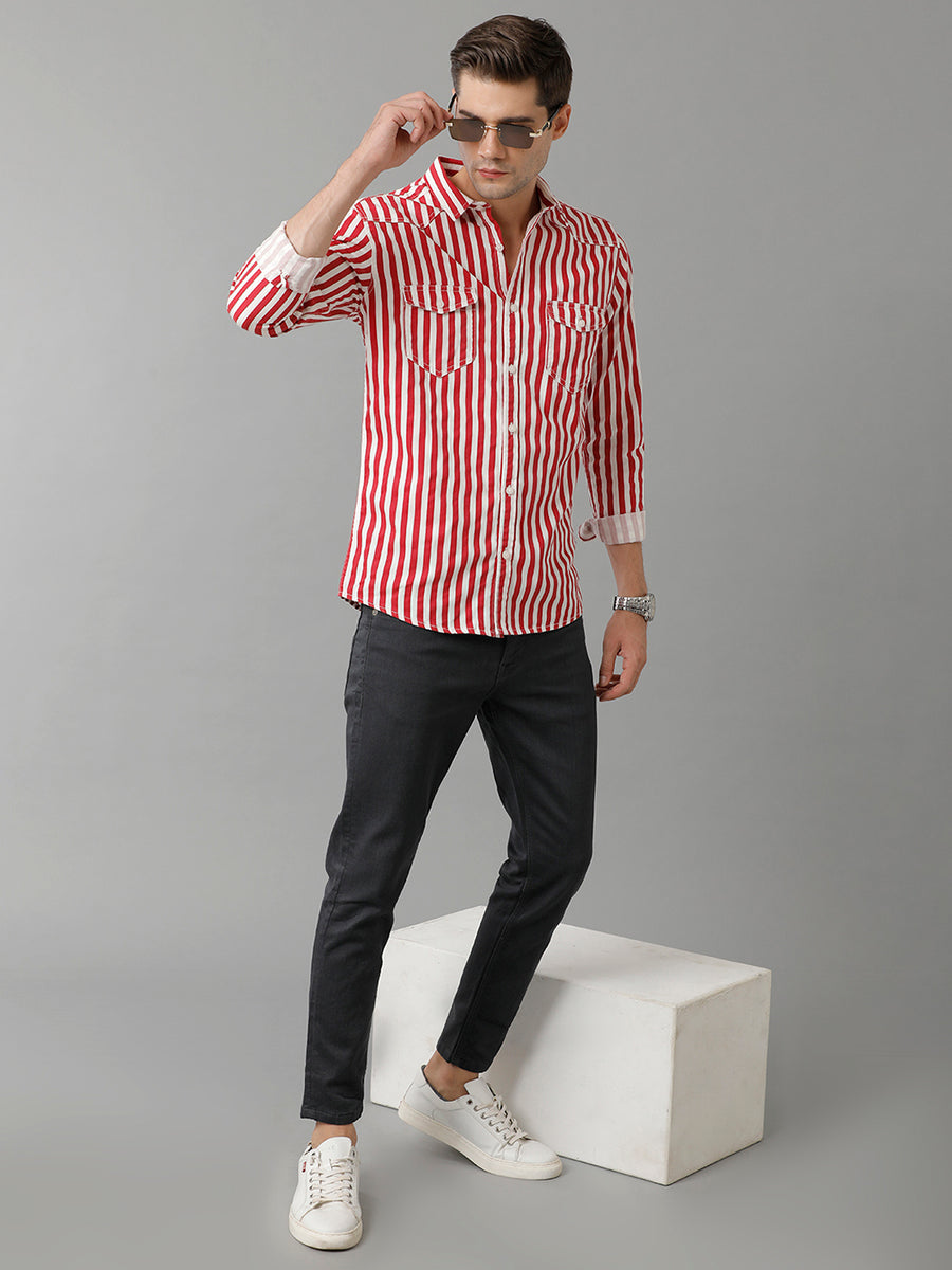 Spread Collar Striped Printed Slim Fit Opaque Cotton Casual Shirt