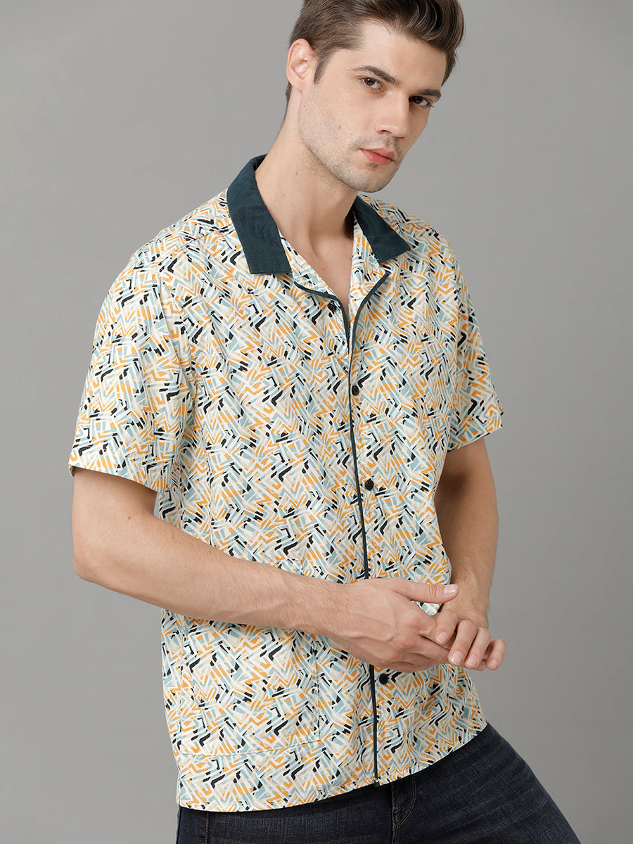 Nightwear - Abstract Printed Cutaway Collar Short Sleeves Cotton Casual Shirt