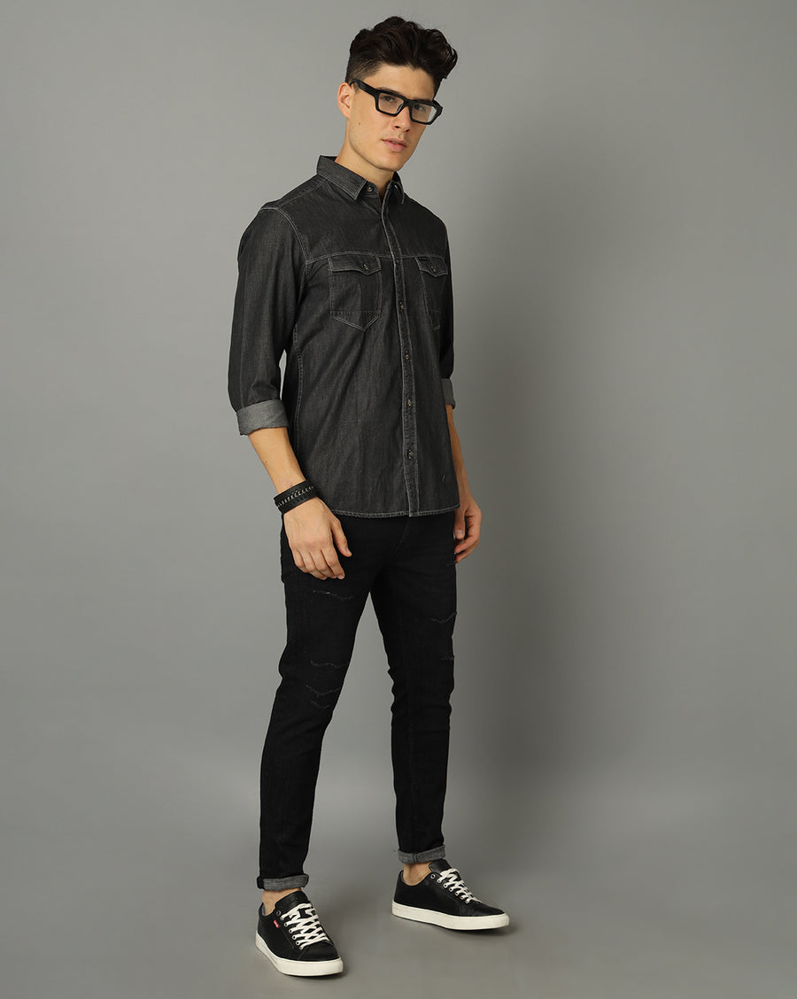 Men Solid Slim Fit Casual Denim Shirt