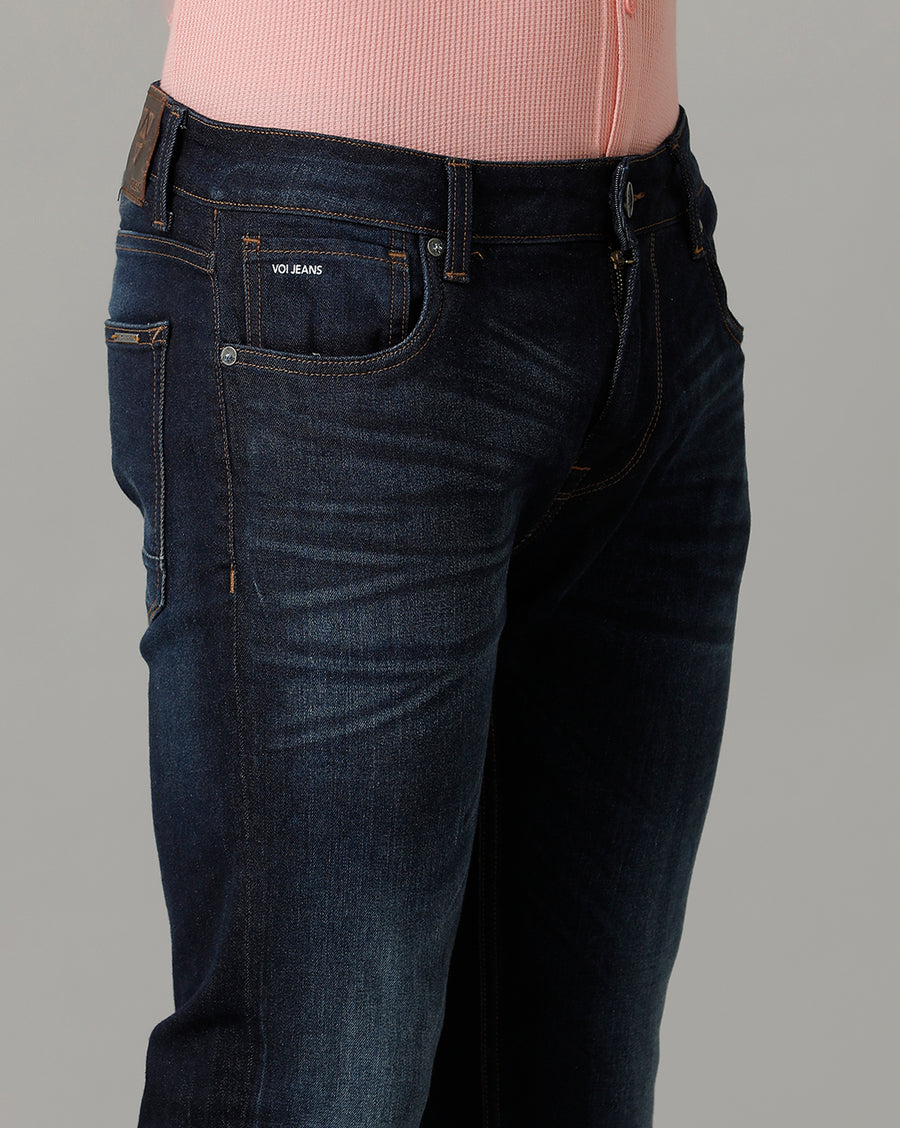 Voi Mens DK Indigo Track Cropped Skinny Cotton Poly Jeans
