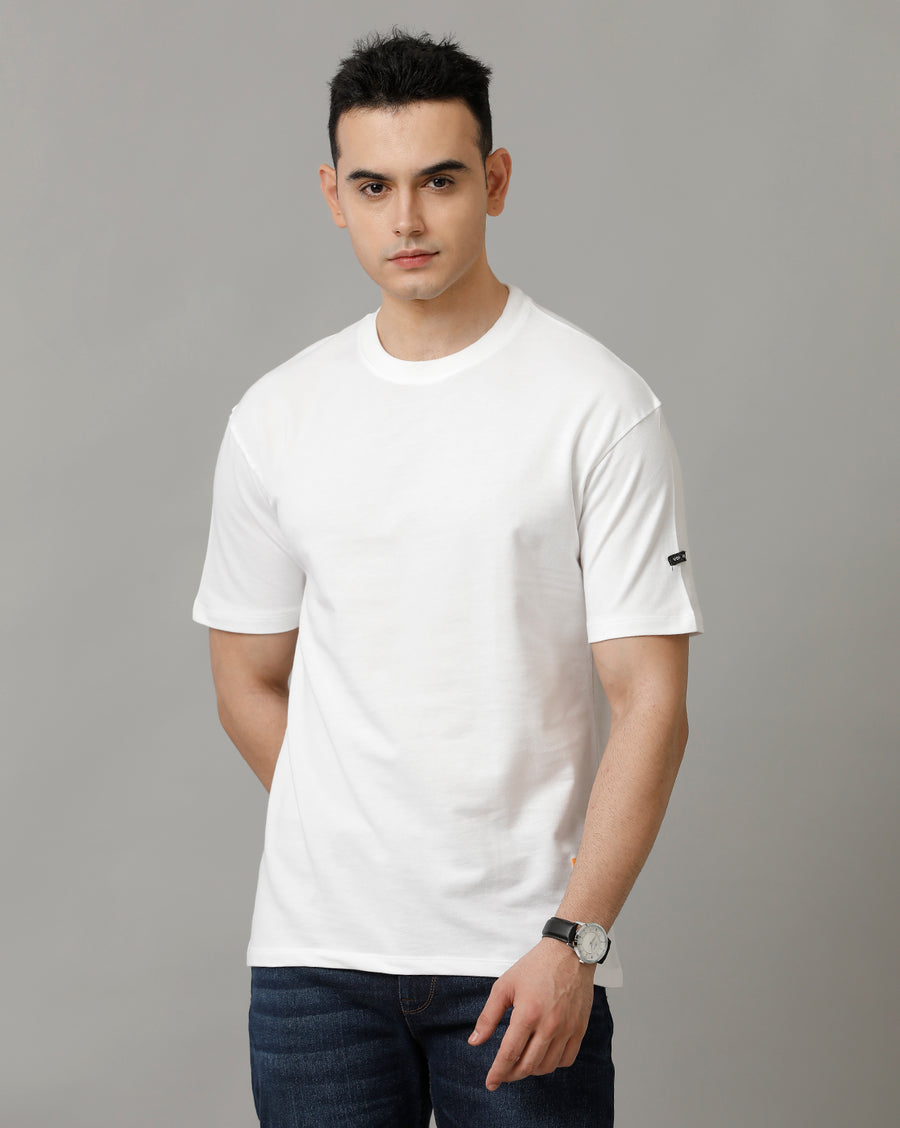 Men's White Boxy Fit Half Sleeve Cotton T-Shirt