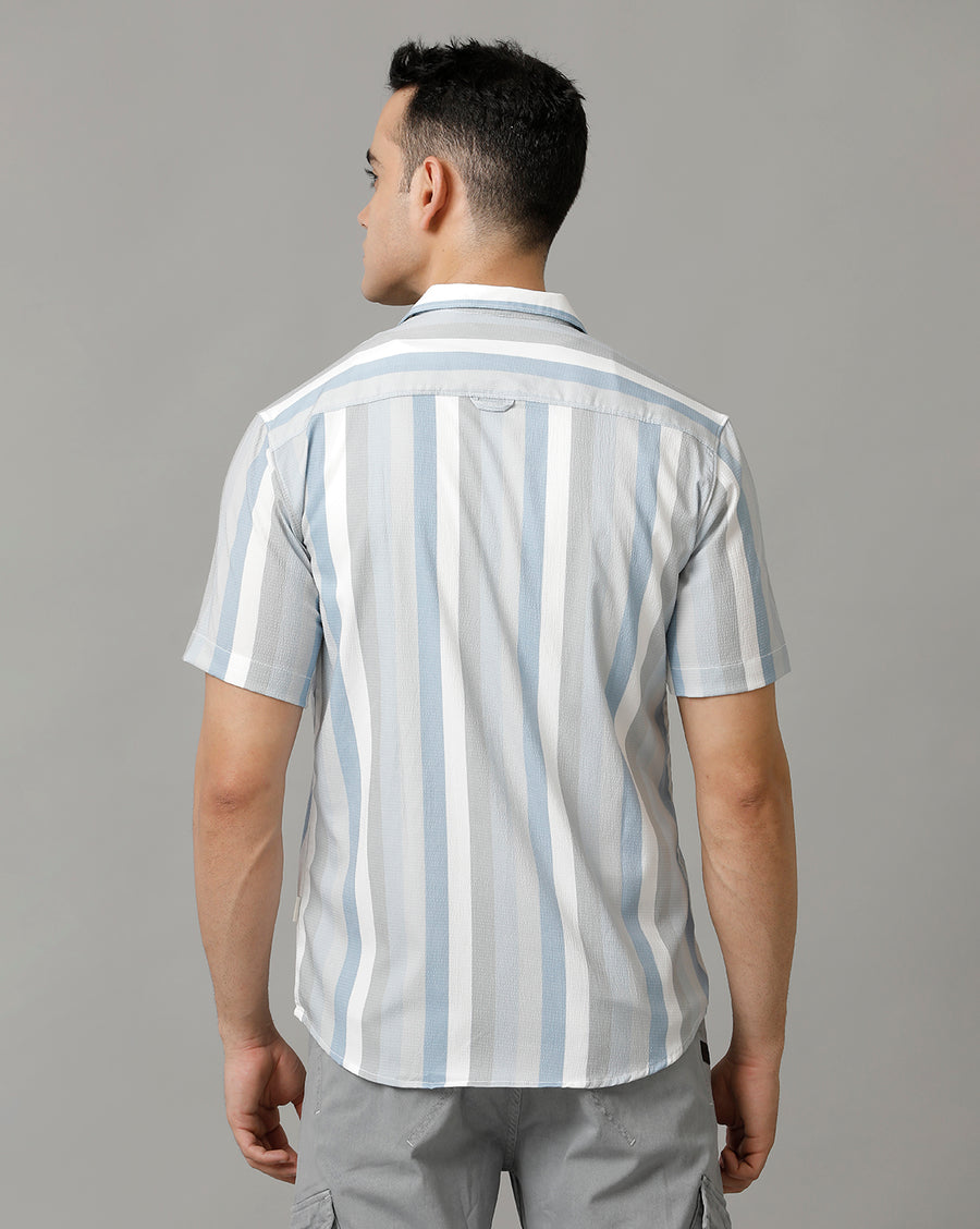 White Blue Regular Fit Half Sleeve Shirt