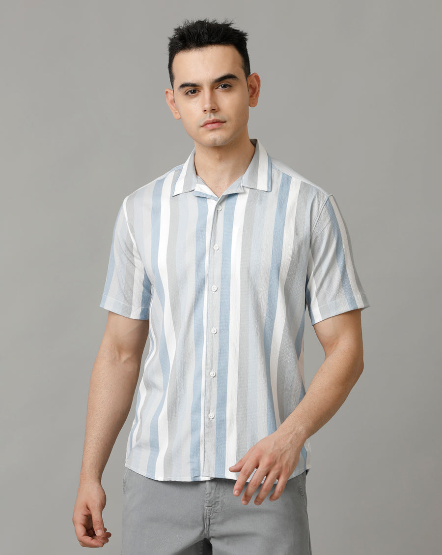White Blue Regular Fit Half Sleeve Shirt