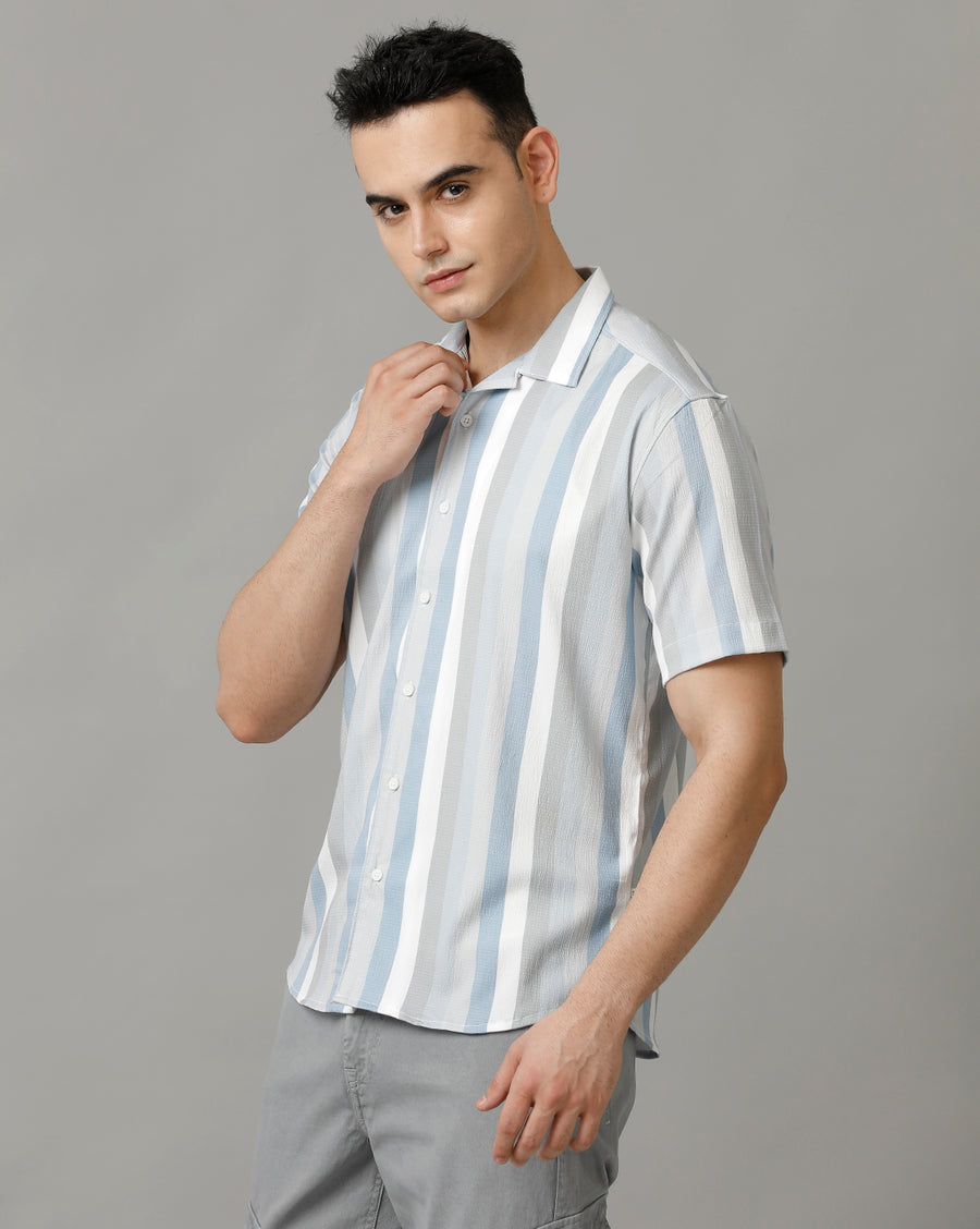 White Blue Regular Fit Half Sleeve Shirt