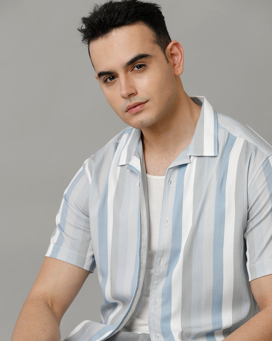 White Blue Regular Fit Half Sleeve Shirt