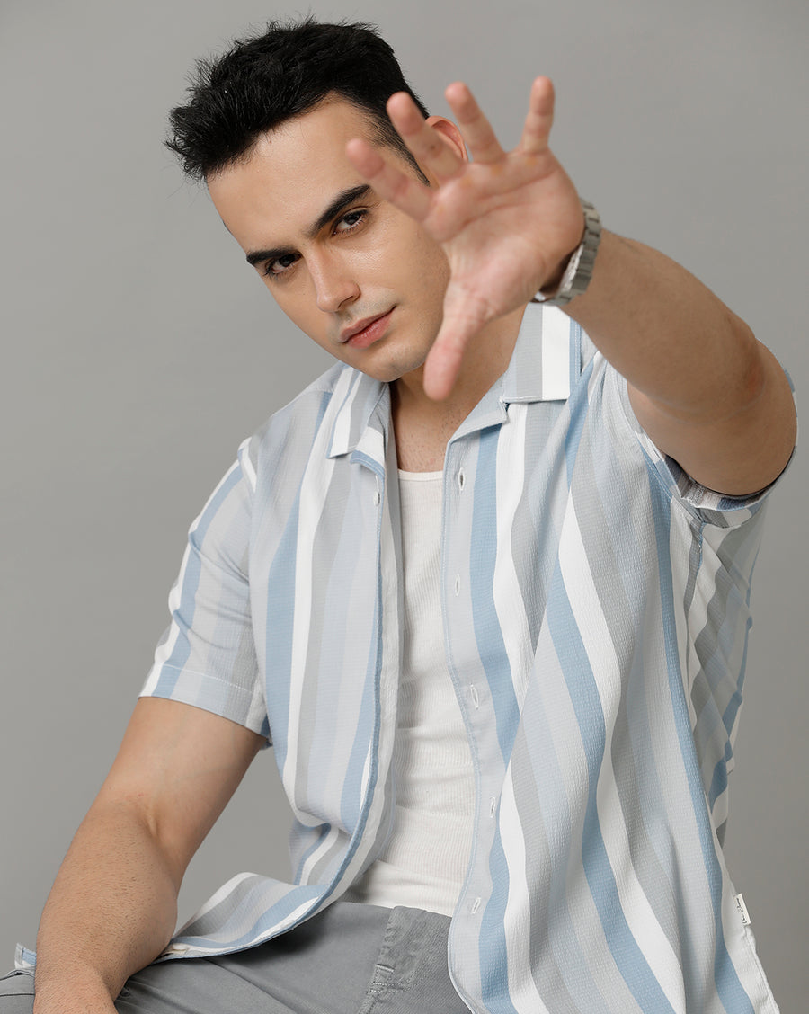White Blue Regular Fit Half Sleeve Shirt