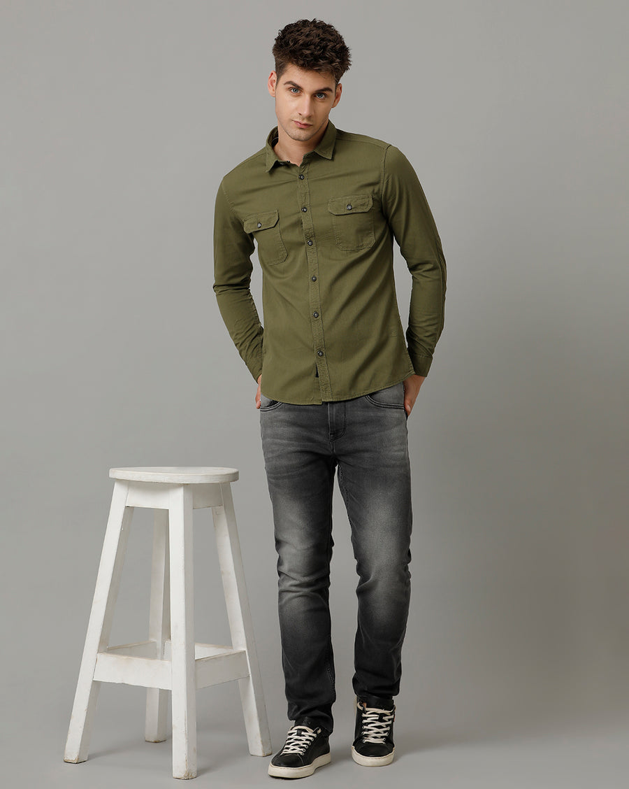 Voi Jeans Mens Battle Green Slim Fit Full sleeve Shirt