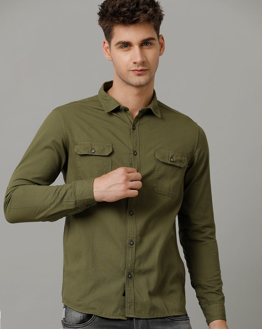 Voi Jeans Mens Battle Green Slim Fit Full sleeve Shirt