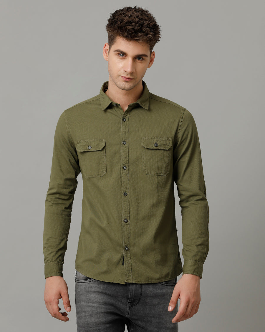 Voi Jeans Mens Battle Green Slim Fit Full sleeve Shirt