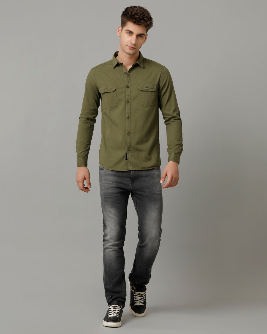 Voi Jeans Mens Battle Green Slim Fit Full sleeve Shirt