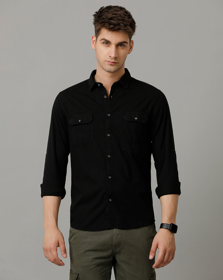 Voi Jeans Mens Black Slim Fit Full Sleeve Shirt