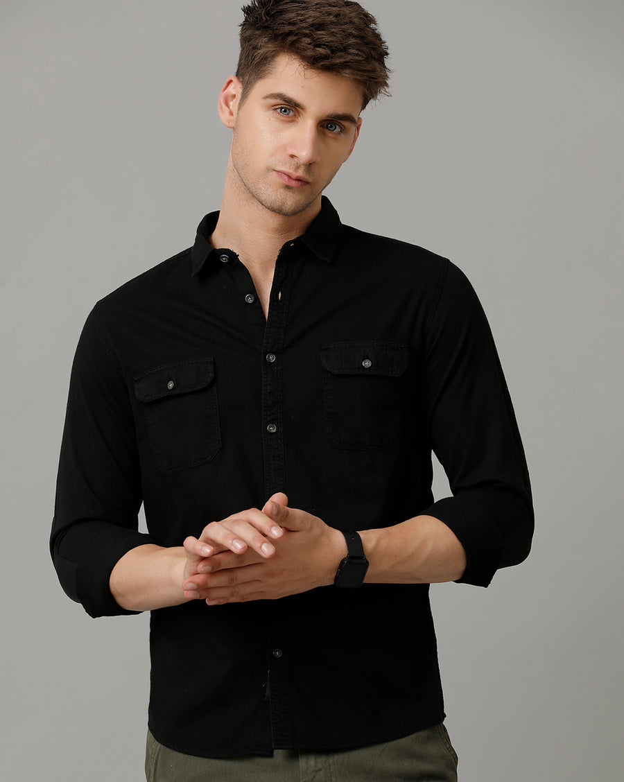 Voi Jeans Mens Black Slim Fit Full Sleeve Shirt