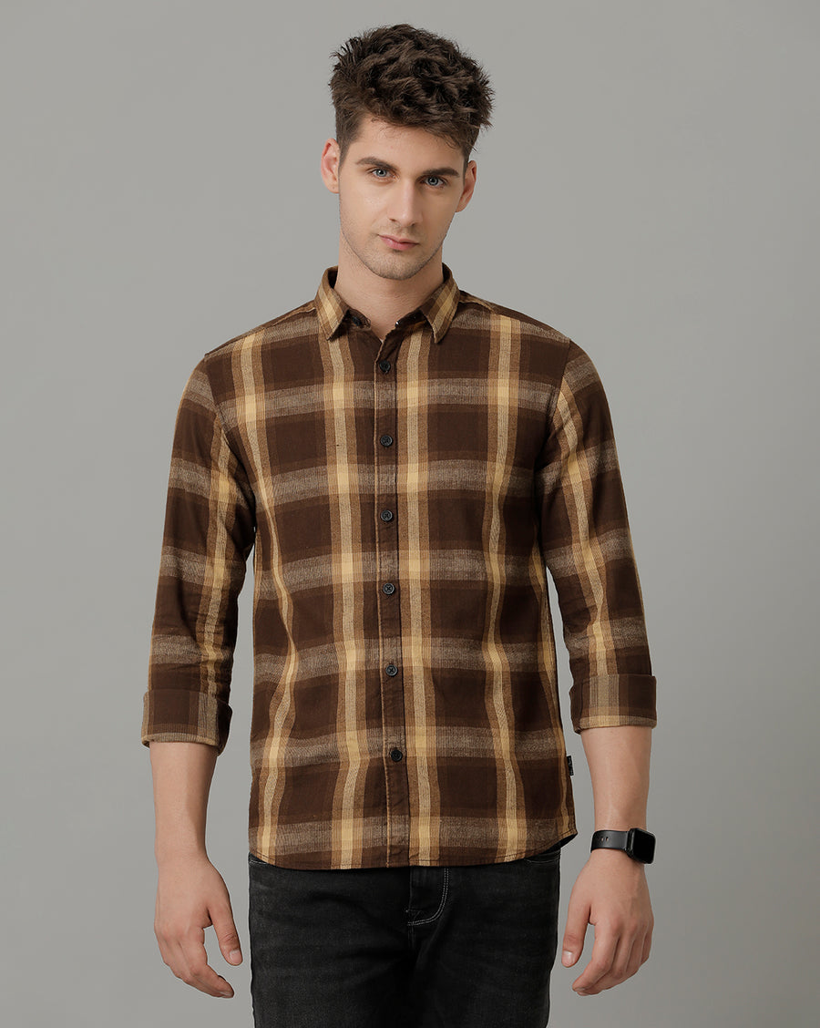 Voi Jeans Mens Mustard Checks Slim Fit Shirt