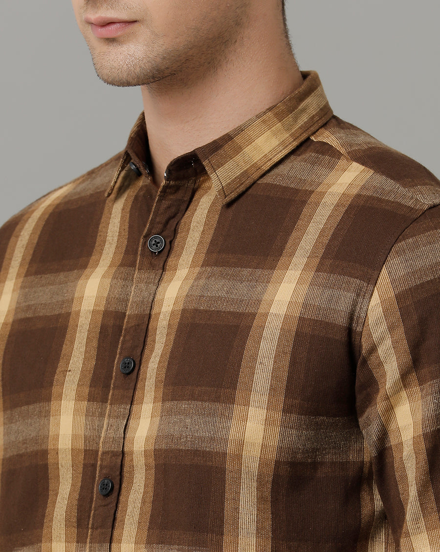 Voi Jeans Mens Mustard Checks Slim Fit Shirt