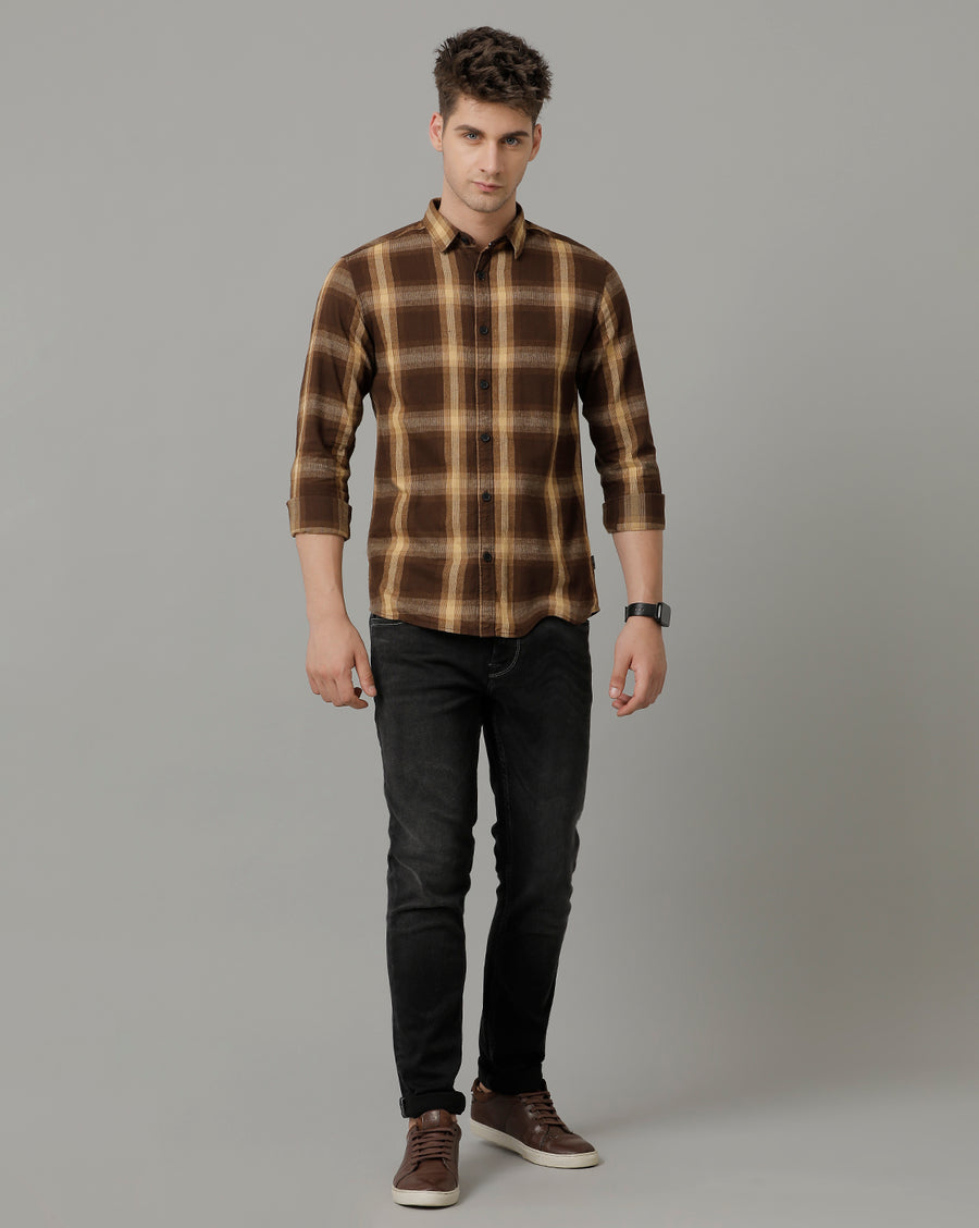 Voi Jeans Mens Mustard Checks Slim Fit Shirt