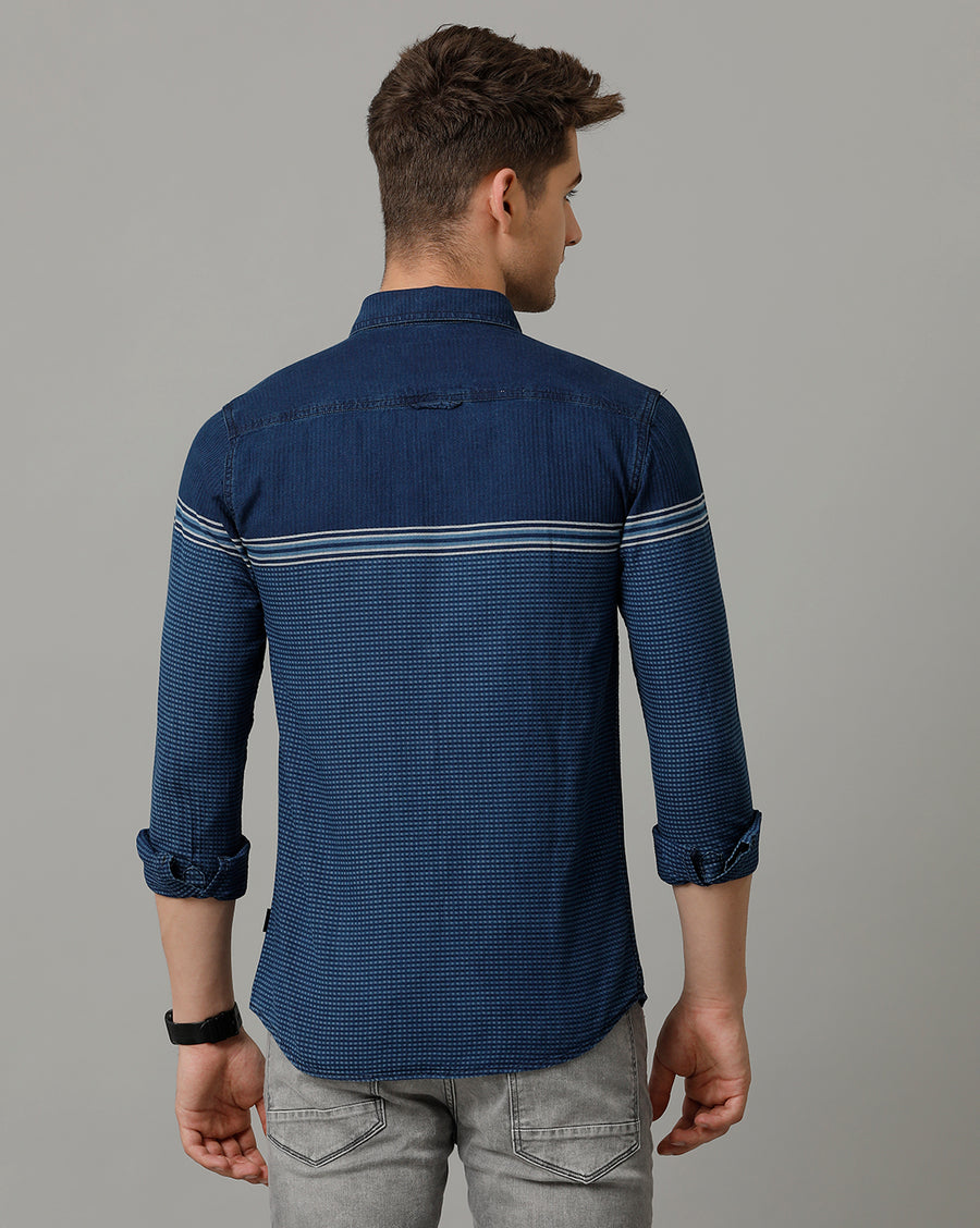 Voi Jeans Mens Indigo Blue Stripes Slim Fit Shirt