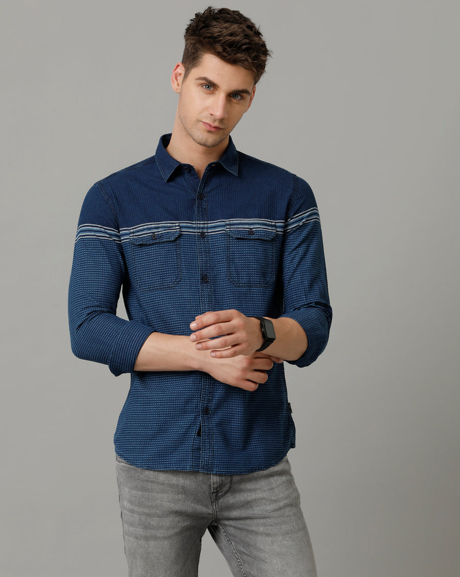 Voi Jeans Mens Indigo Blue Stripes Slim Fit Shirt