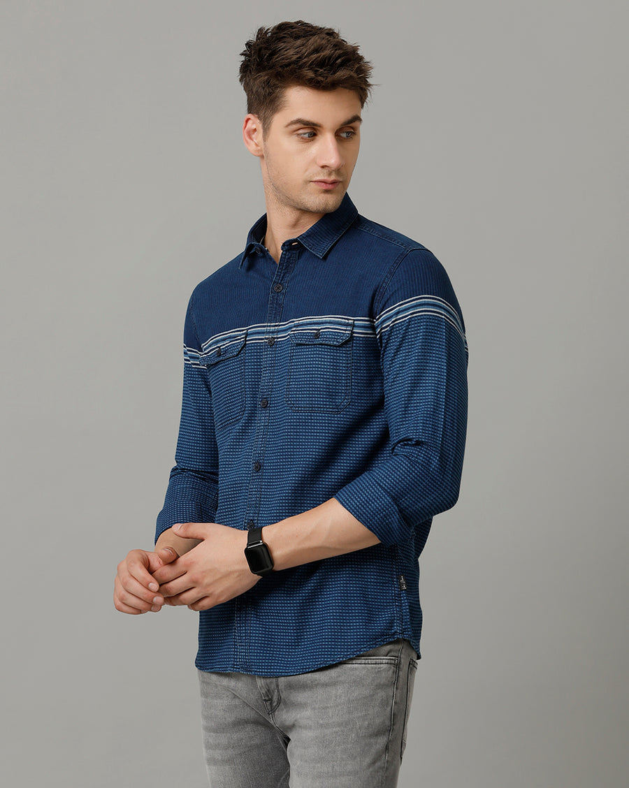 Voi Jeans Mens Indigo Blue Stripes Slim Fit Shirt