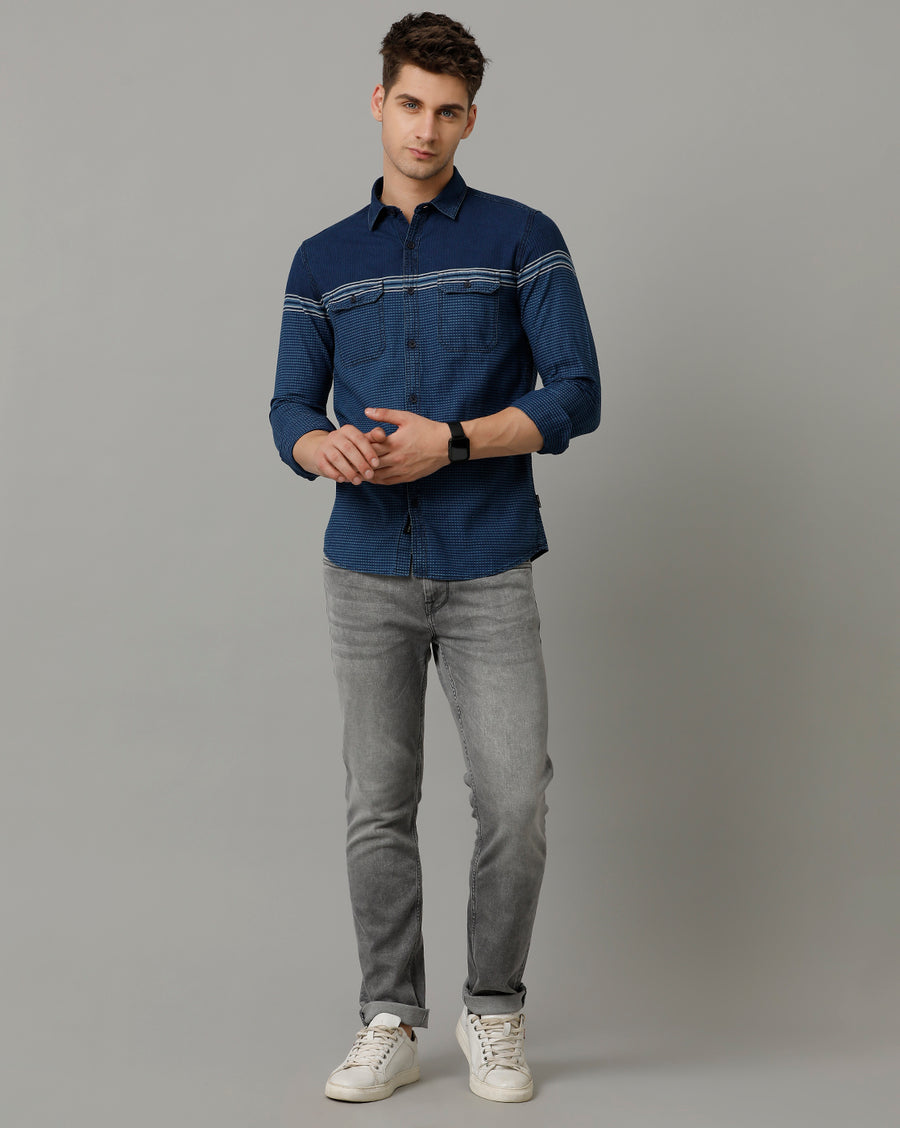 Voi Jeans Mens Indigo Blue Stripes Slim Fit Shirt