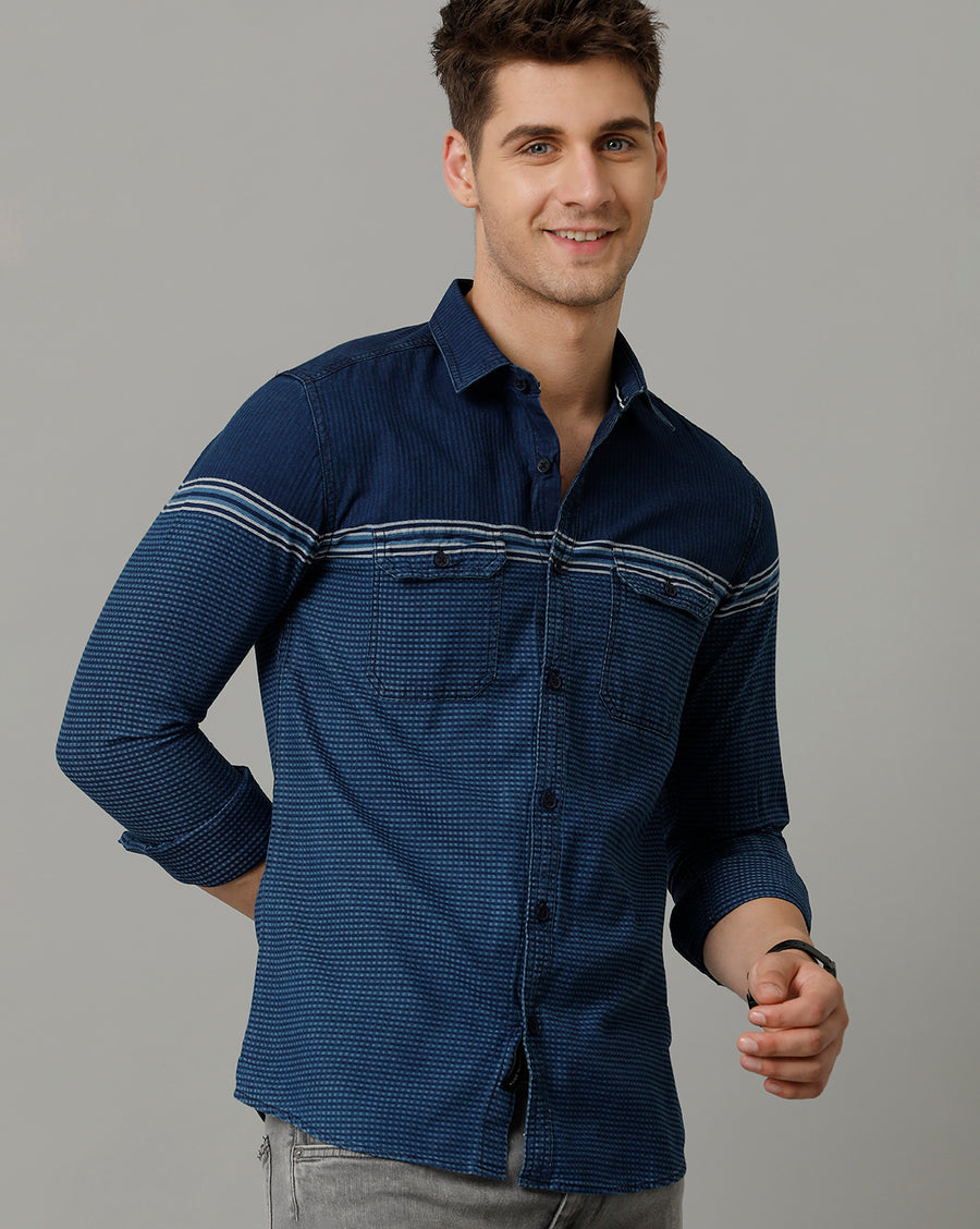 Voi Jeans Mens Indigo Blue Stripes Slim Fit Shirt