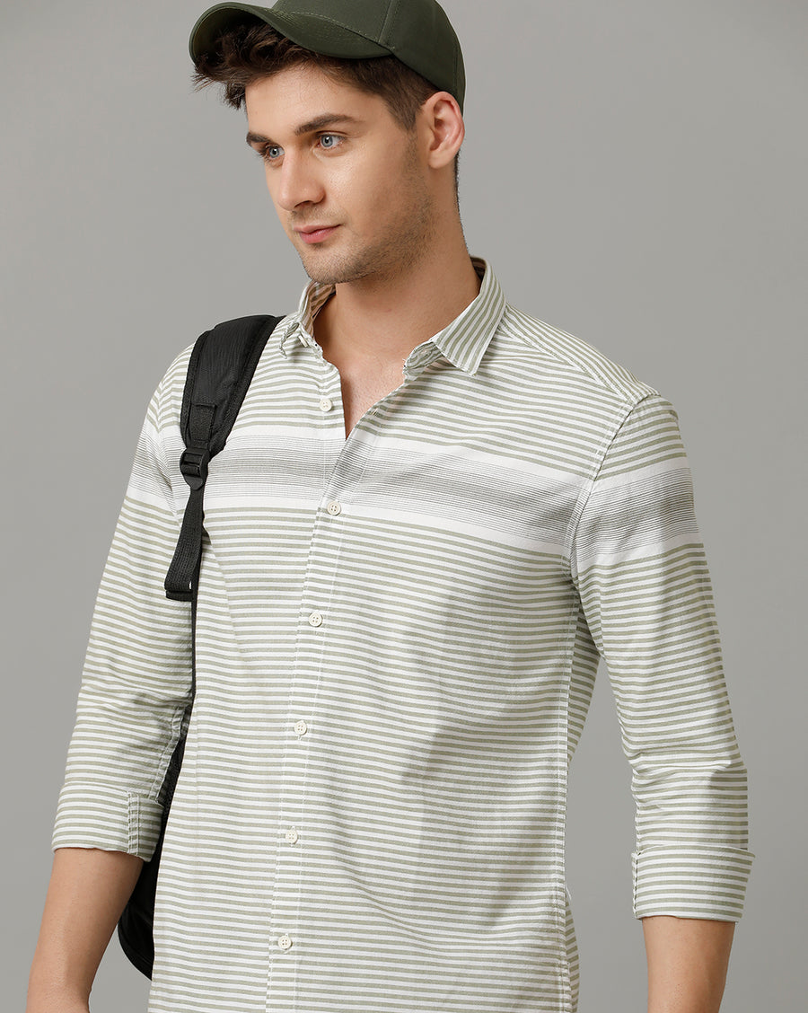 Voi Jeans Mens Olive White Stripe Slim Fit Shirt