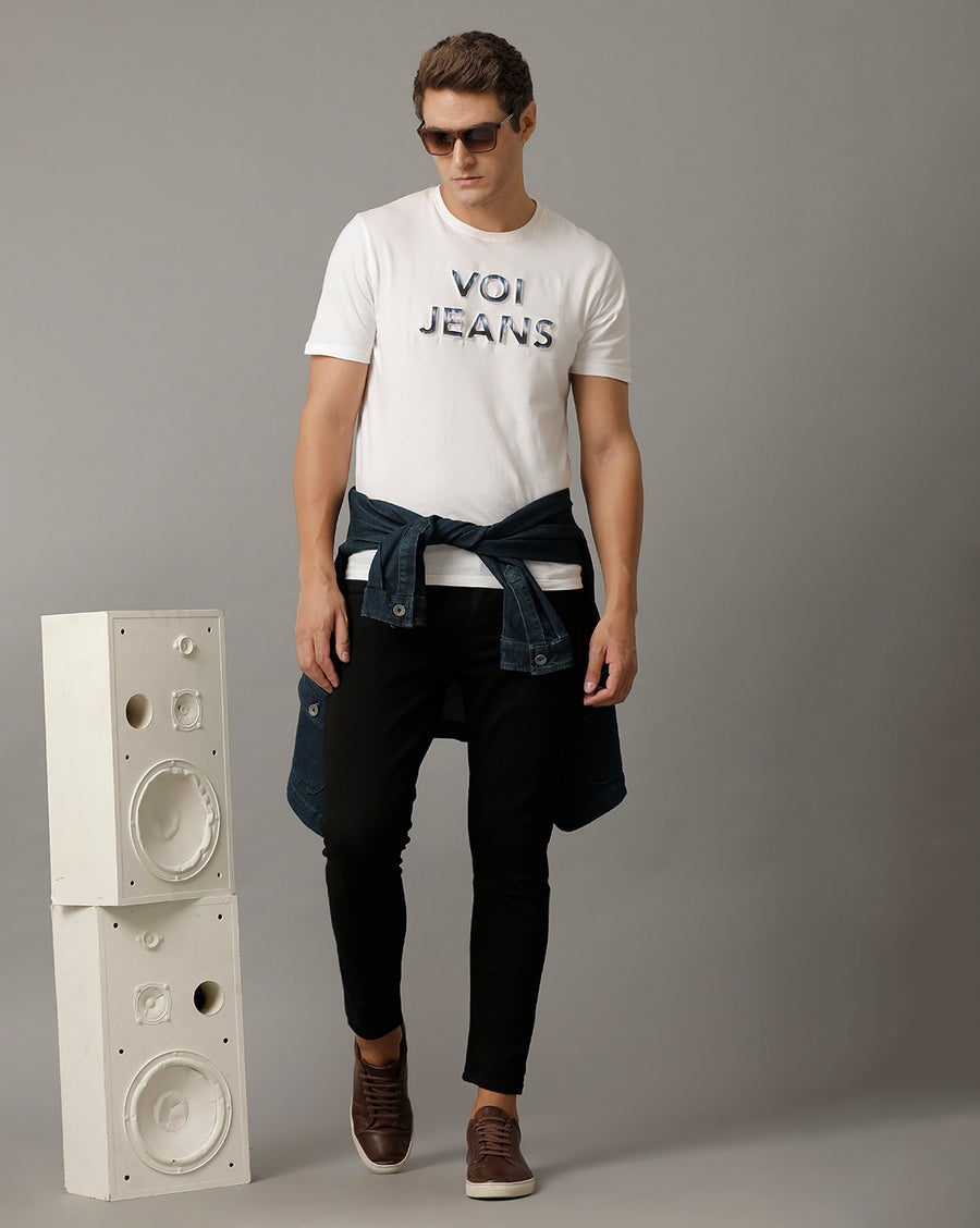 Voi Mens Black Track Skinny Cropped Cotton Poly Jeans