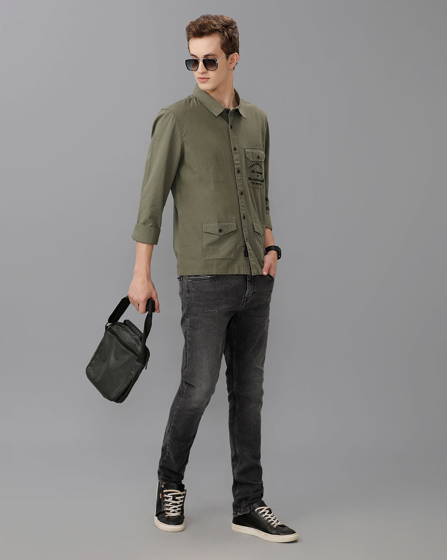 Olive Regular Fit Full Sleeve Shirt