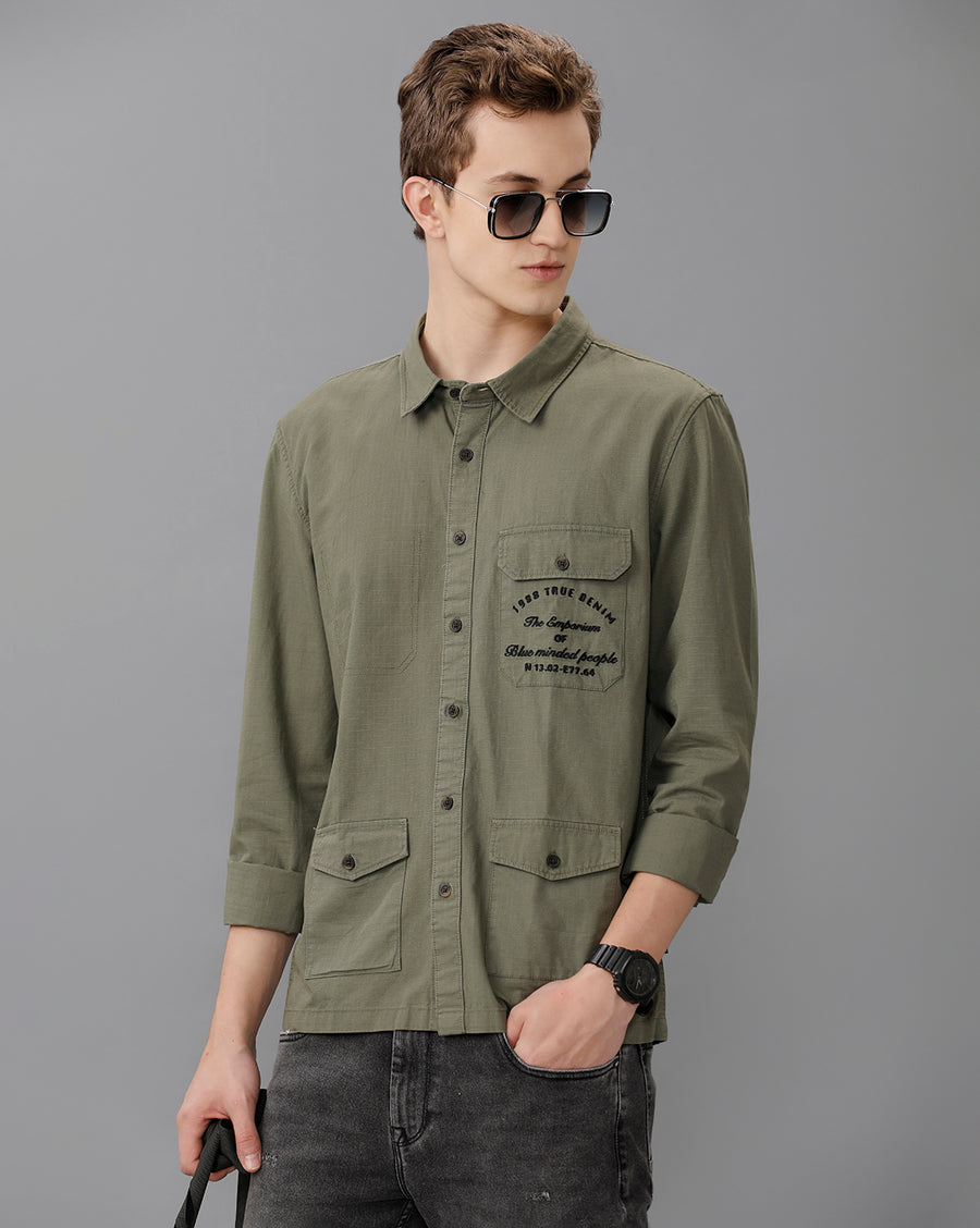 Olive Regular Fit Full Sleeve Shirt